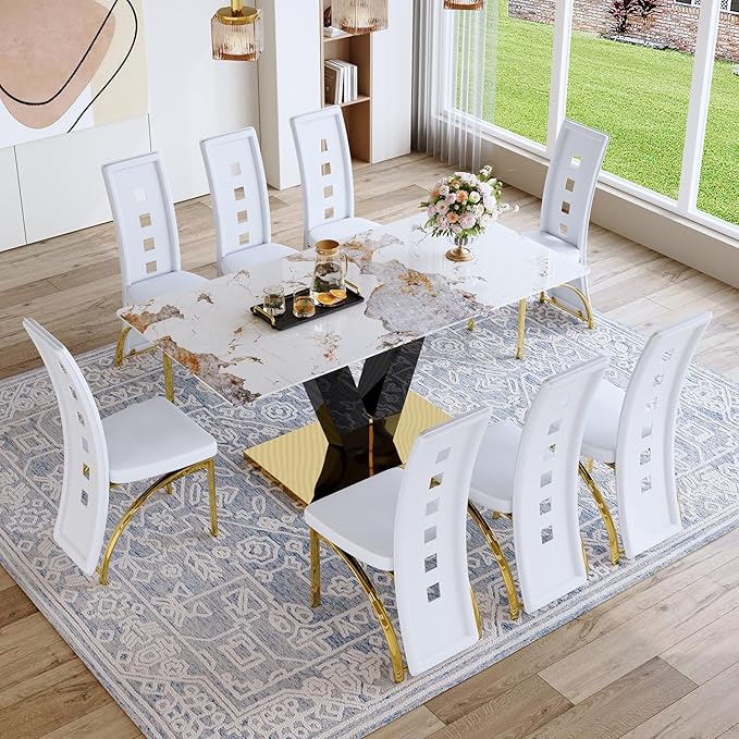 71'' Dining Table Set for 8,Rectangular Dining Room Table Set for 8,Marble Dining Table with 8 PU Leather Dining Chairs,Gold Dining Room Table with Glossy V-Shaped Base Ideal for Kitchen
