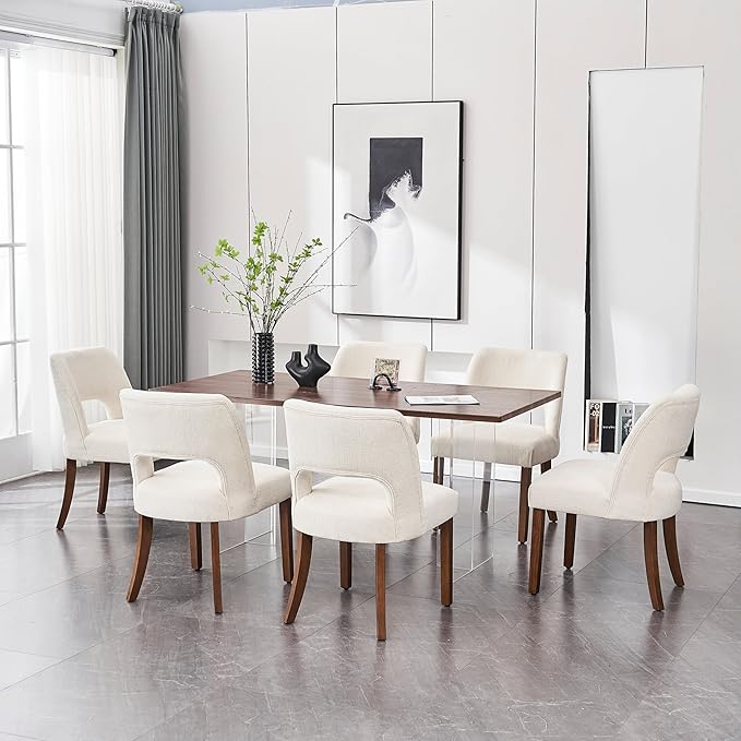 VKNOW Wooden Dining Chairs Set of 2, Modern Fabric Upholstered Dining Room Chair Kitchen Chairs, Farmhouse Dinner Chair for Kitchen Dining Room, Cream