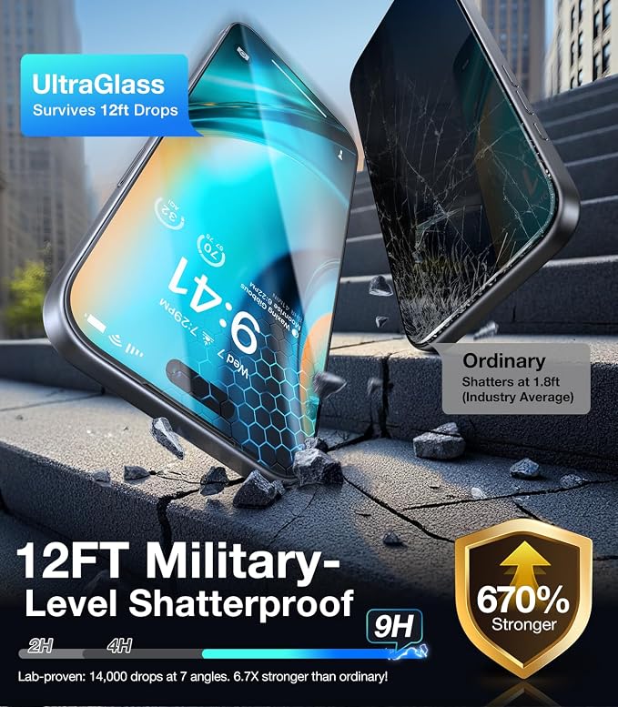UltraGlass Unbreak Top 9H+ Glass for iPhone 15 Screen Protector (12FT Military Grade Shatterproof &amp Longest Durable) Screen Protector iPhone 15 Tempered Glass Full Coverage 2 Pack