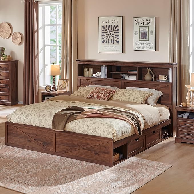 ACCOHOHO King Bed Frame with 52" Tall Headboard and 4 Drawers,LED Light,Charging Station,Solid Wood Slats Support,No Box Spring Needed,Brown