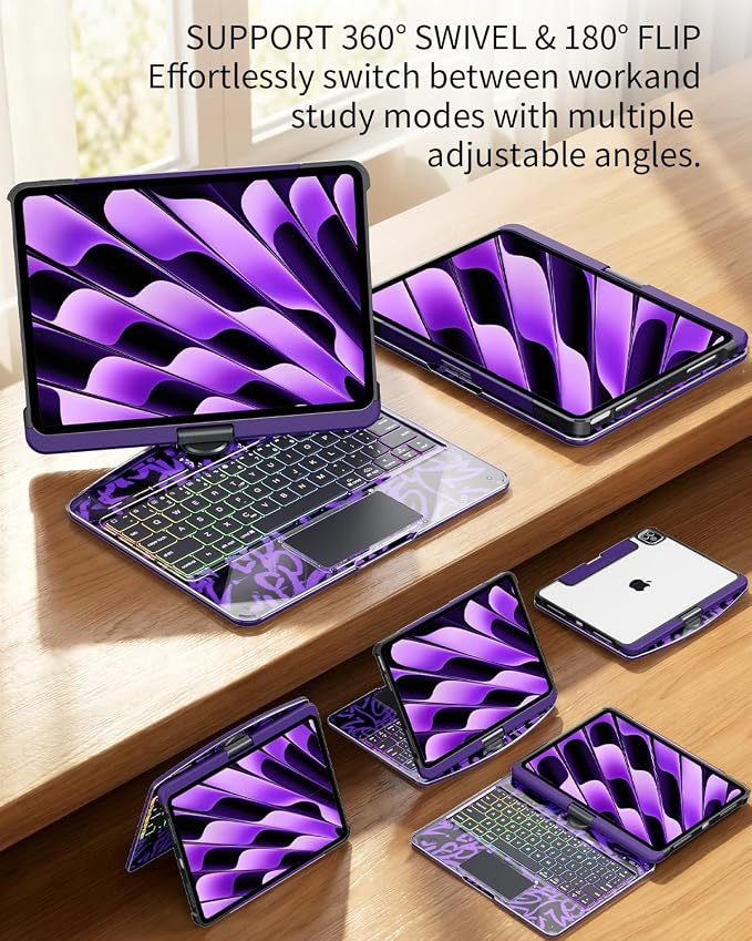 360°Rotation Bluetooth Keyboard Case for iPad 11th Gen（A16）10th 10.9 inch | iPad keyboard case 11/10th generationTouchpadKeyboard Battery Level Visualization360° rotateand 180° flip7-color backlit