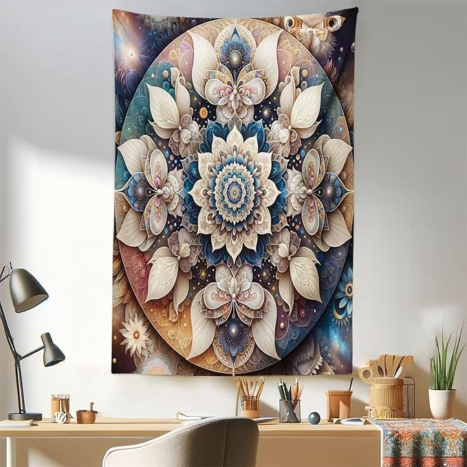 Ambesonne Mandala Tapestry, Dreamy Composition of Astral Atmosphere Blooming Trippy Floral Boho, Fabric Wall Hanging Decor for Bedroom Living Room Dorm, 30" X 45", Eggshell Sea Blue Indigo
