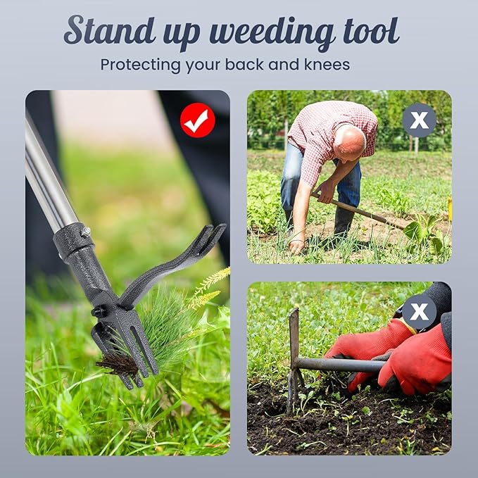 Weed Puller Tool Stand Up Weeder with Long Handle & 4-Claw Steel Head Manual Weed Remover Tool for Lawn and Garden (Steel)