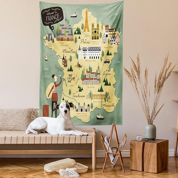 Ambesonne France Tapestry, Travelling Themed French Map with Famous Landmarks in Doodle Style Print, Fabric Wall Hanging Decor for Bedroom Living Room Dorm, 30" X 45", Teal Pale Yellow