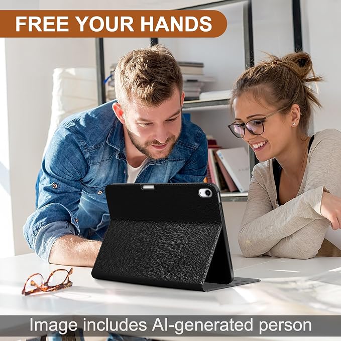 Genuine Leather Case for iPad 11th Gen 11/10th Gen 10.9 Black | Pencil Holder Adjustable Stand Auto Wake/Sleep Shockproof