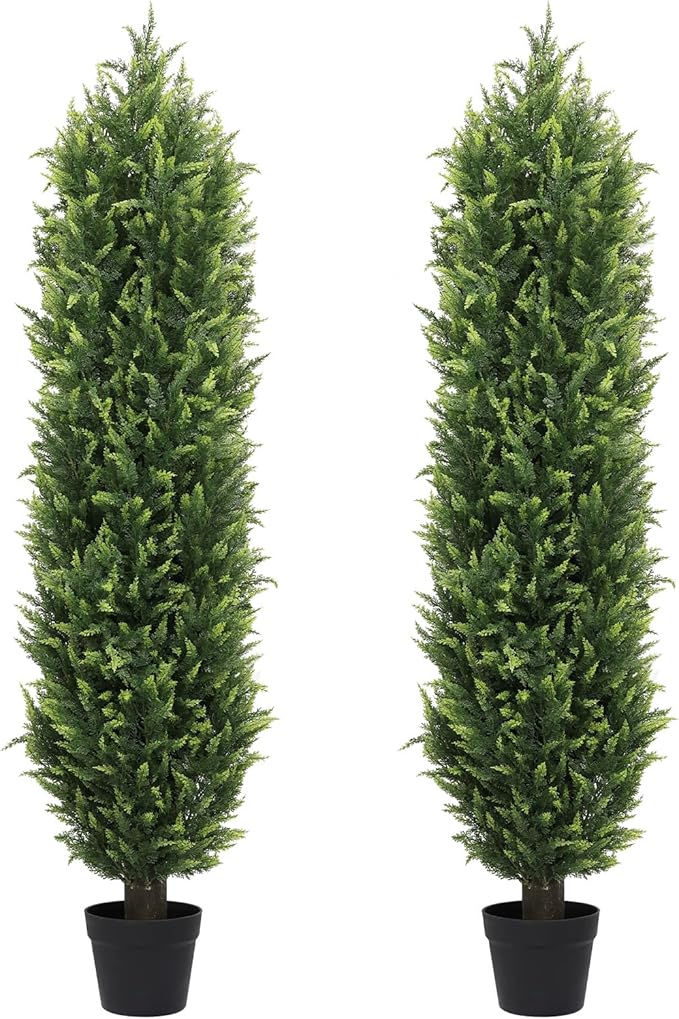 THE BLOOM TIMES 5FT Tall Artificial Cedar Topiary Trees Set of 2, UV Resistant Large Faux Cypress Evergreen Plants for Outdoor Planters, Realistic Fake Bushes & Shrubs for Front Porch Christmas Decor