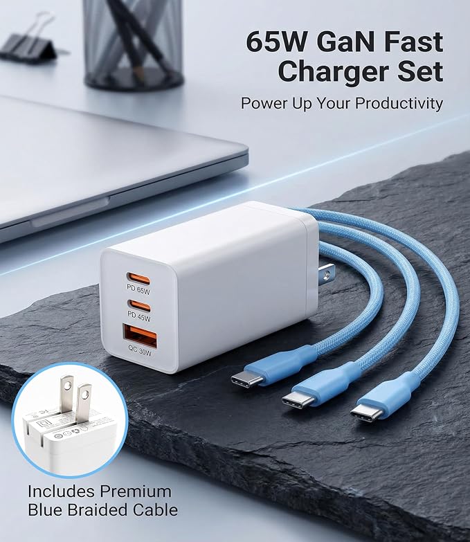 65W USB C Laptop Charger 3-Port PD Wall Charger Block with 3 Cables (2x1.2m+1x0.6m) Foldable Travel Adapter for Phone Tablet Compatible with MacBook - Blue