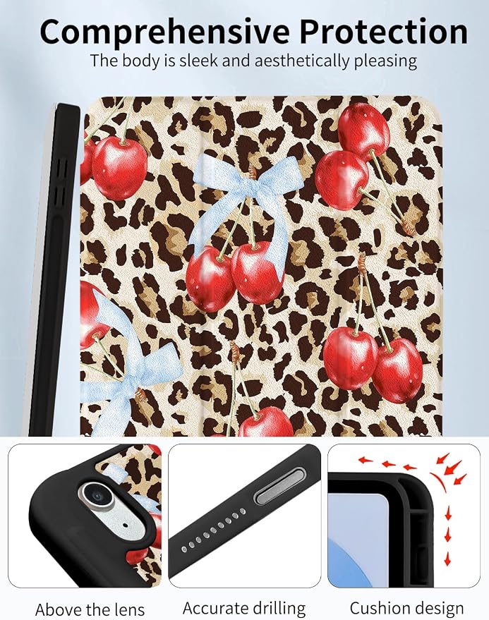 Case for iPad 9th/ 8th/ 7th Generation Case 10.2&amp10.5 Inch (2021/2020/2019 Release) Slim Lightweight Soft Trifold Back Cover with Pencil Holder &amp Auto Sleep/Wake Cover Cherries Cheetah Bows