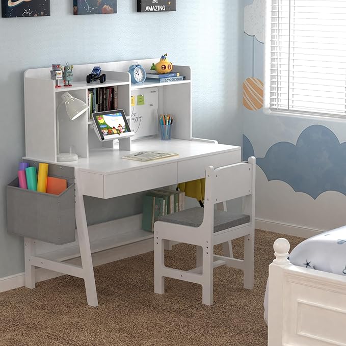 GDLF Kids Study Desk and Chair Set, Adjustable Children Study Table with Chair, Kids Wooden Desk with Hutch, Drawers, Book Stand, Whiteboard and Fabric Storage Bag for 5-12 Years Old