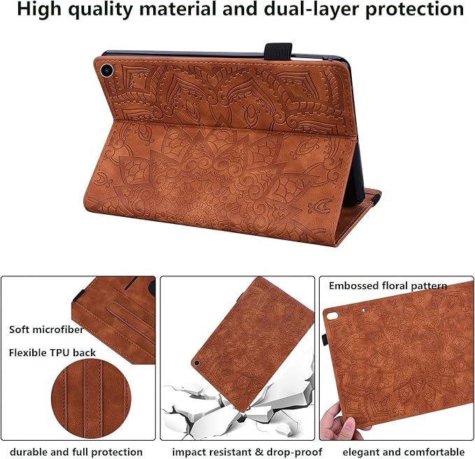 for Kindle Fire HD 8 Tablet (only Fits 10th Generation) &amp Fire HD 8 Plus 8 Case 2020 with Stand/Pencil Holder/Card Pocket/Elastic Band Embossed PU Leather Floral Cover Brown Peacock Flower