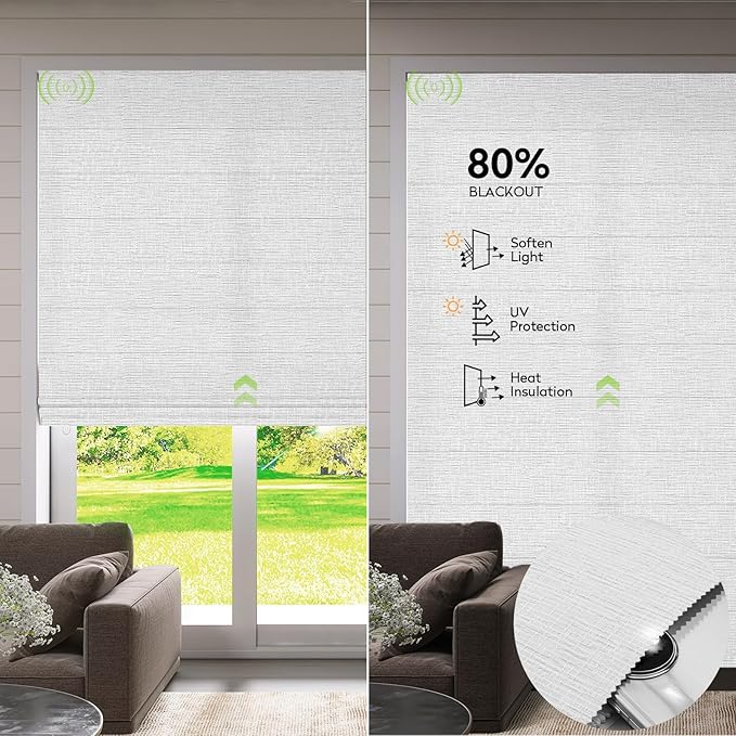ZSTARR Smart Roman Shades Rechargeable Motorized Blinds with Remote Light Filtering Roman Window Shades Plain Fold Soft for Doors Bedroom, Custom Size (Light White)