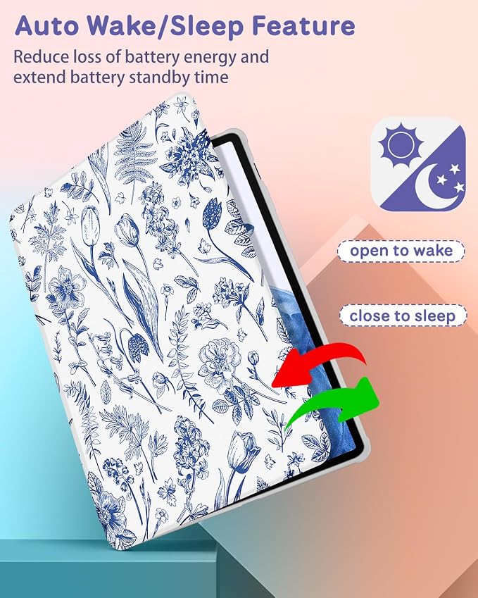 Wazzasoft for Samsung Galaxy Tab S7/S7 Plus/S8 Plus Case - 12.4 Inch Folio Cover with Pencil Holder - Women/Girl Cute Girly Black Flower Unique Design - Rotating Tablet Case