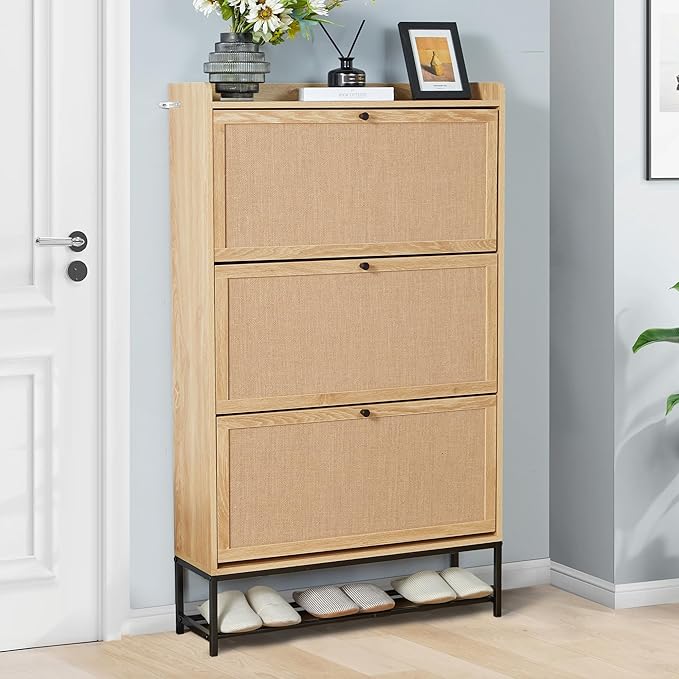 LEVNARY Shoe Storage Cabinet with 3 Flip Drawers, Freestanding Shoe Cabinet Storage Organizer for Entryway, Wooden Narrow Shoe Racks Cabinet with Metal Legs for Hallway (Natural Oak)
