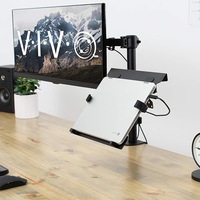 VIVO Steel Universal Full Motion Pole Mount Laptop Holder Arm with Removable 75mm and 100mm VESA Plate, Fits 10 to 15.6 inch Laptops, Black, MOUNT-PL1A-LAP3