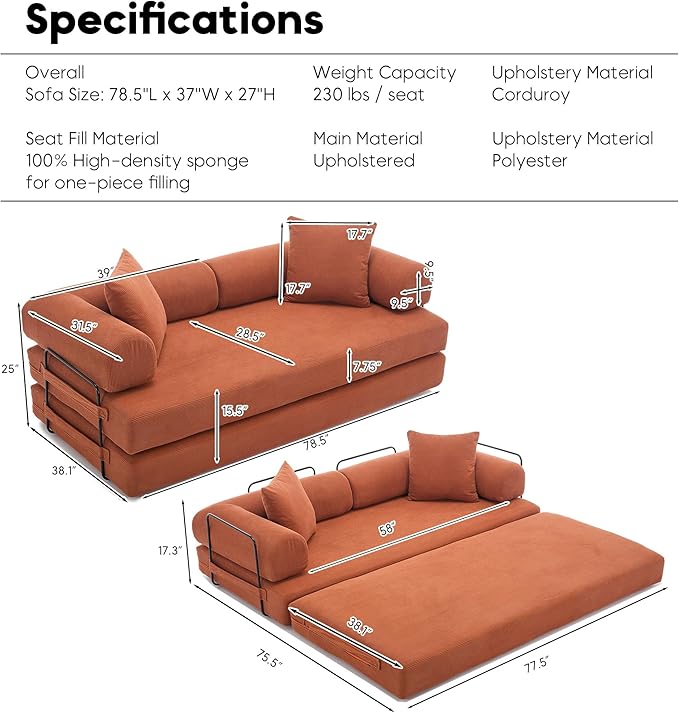 Convertible Sleeper Sofa Bed with Cylindrical Pillow, Corduroy Folding Mattress Couch with Fixed-Shape Frame, Floor Sofa Lounge Couch for Living Room Bedroom Lounge Studio, Orange