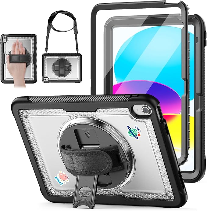Case for iPad (A16) 11th/10th Generation 11''/10.9'' 2025/2022: Shockproof Protective Case with Hand/Shoulder Strap Pencil Holder Rotate Stand Screen Protector Black