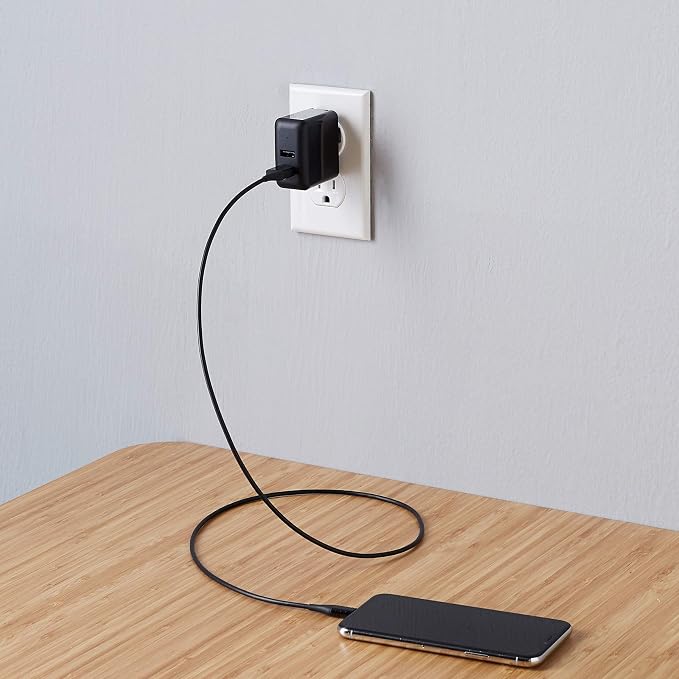 Amazon Basics 24W Two-Port USB-A Wall Charger for Multiple Devices Space-Saving Design 12W 2.4A per Port for iPhone 16/15/14/13/12/11/X Samsung and More Black