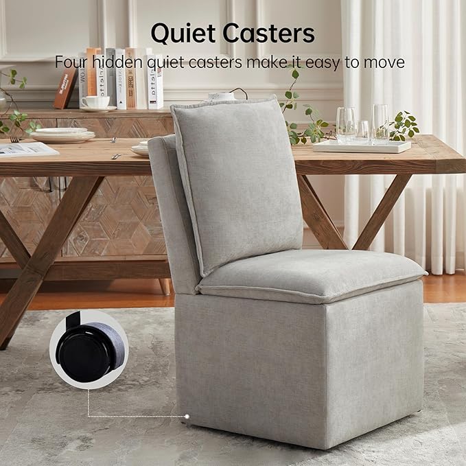 VKNOW Upholstered Dining Chairs, Modern Rolling Chairs with Storage and Wheels, Linen Armless Chair with Cushion and Backrest, Dining Room Chairs for Living Room Kitchen Bedroom, Light Grey