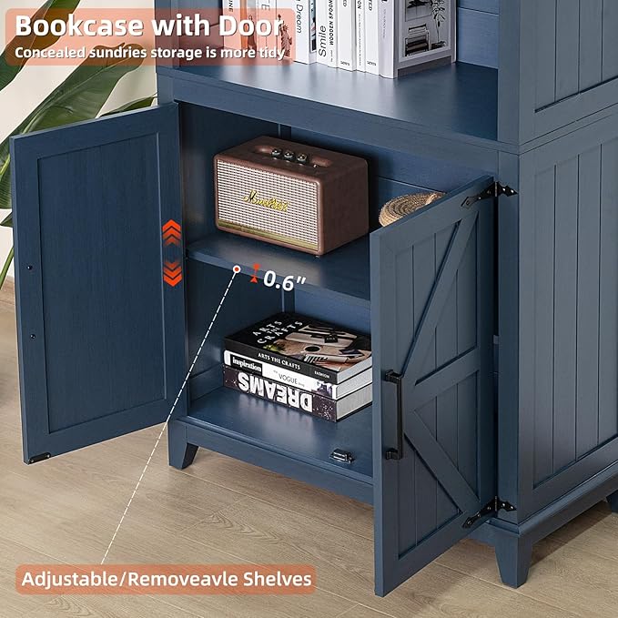 70in Tall Bookshelf 5 Tier Bookcase with Barn Doors and Adjustable Shelves, Blue Farmhouse Book Shelf with Storage Cabinet, Wood Freestanding Display Bookshelves for Bedroom, Kitchen (2PCS)