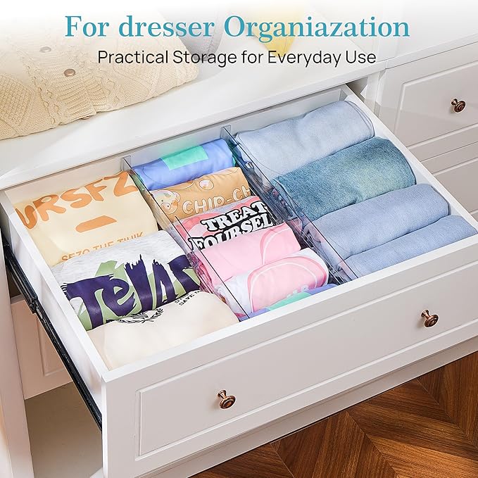Vtopmart 4 Pack Drawer Dividers for Clothes, 4" High 10.2"-16.5" Adjustable Expandable Dresser Drawer Organizer, Clear Plastic Separators for Dresser, Baby Clothing, Underwear, Cosmetic, Toiletries