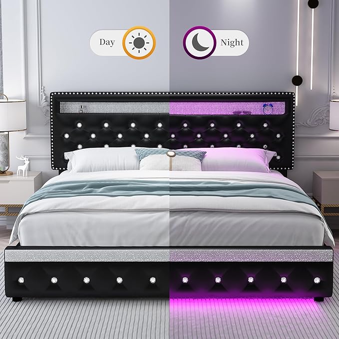 King Led Bed Frame with 2 Drawers, Heavy Duty King Size Platform Bed with Storage, Upholstered Bed Frames with Adjustable Headboard, Solid Support, No Box Spring Needed, Easy Assembly, PU Black