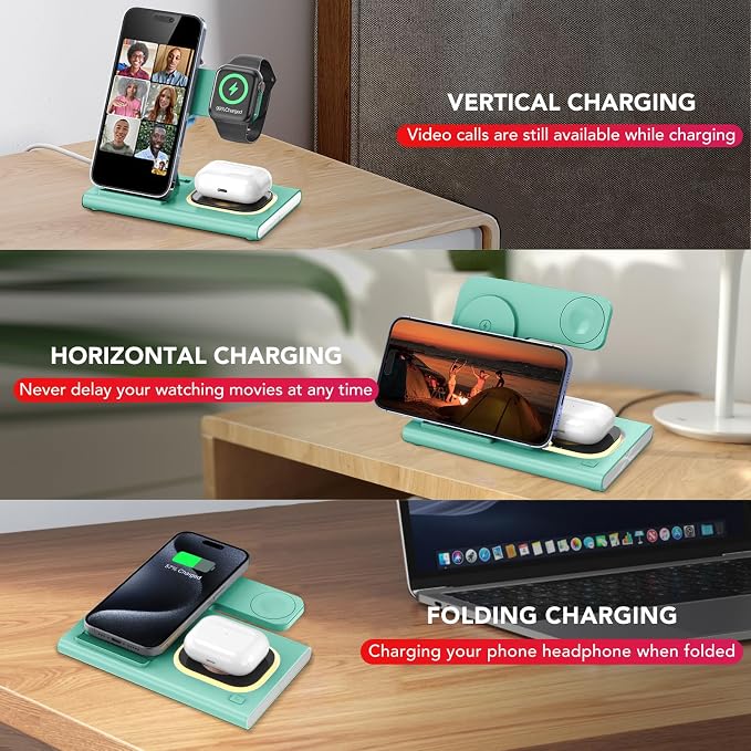 3 in 1 Foldable Wireless Fast Charging Station for Apple Multiple Devices | iPhone Charging Station for iPhone 17 Travel iWatch Charger Stand Light Nightstand Charging Dock for Apple Watch/Airpods