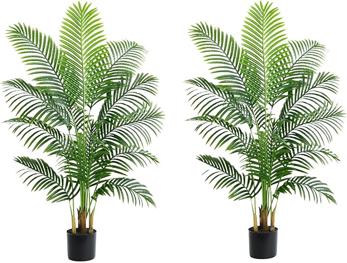 2 Pack Artificial Palm Tree 5FT Artificial Plants Indoor Tropical Fake Palm Tree Areca Floor Plant in Black Pot with 13 Trunks & Real Bark Design, Faux Palm Plant for Outdoor Patio Home Office Decor