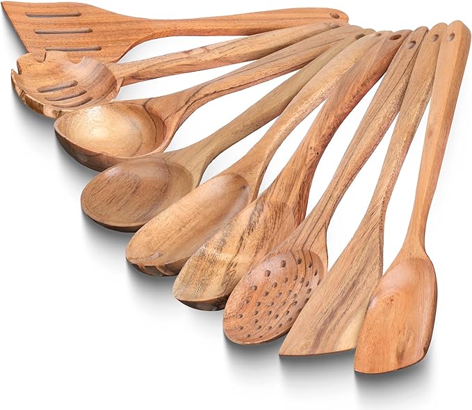 INTAJ Teak Wooden Spoons for Cooking, 9-Piece Handmade Kitchen Utensil Set