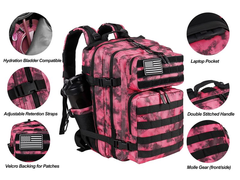 LHI Tactical Military Backpack for Men and Women 25L Army Assault Pack Bag Large Rucksack with Molle System-Pink tie dye