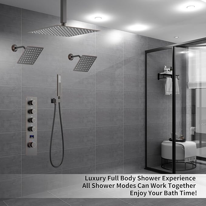 KATAIS Oil Rubbed Bronze Digital Display Shower System with 12 inch Ceiling Mounted Shower Head and Wall Mounted Two Shower Head(8 inch), with Handheld Shower