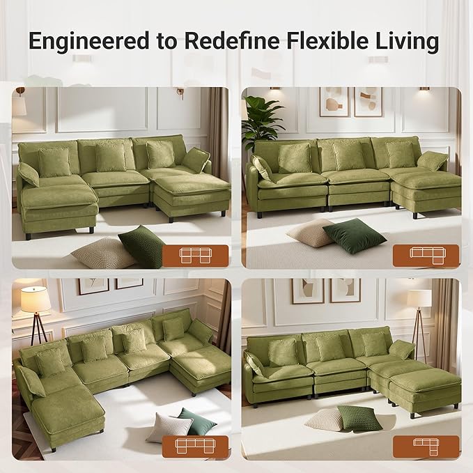 Claiks 110" Modular Sectional Sofa, Cloud Couch with Ottoman, L-Shaped 4-Seater Sofa in Chenille Fabric, Deep Seat Comfy Couch with Pillows for Living Room & Offices, Green