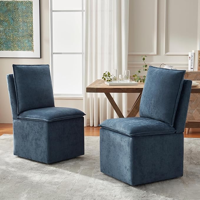 VKNOW Upholstered Dining Chairs Set of 4, Modern Rolling Chairs with Storage and Wheels, Linen Armless Chair with Cushion and Backrest, Dining Room Chairs for Living Room Kitchen Bedroom, Nav