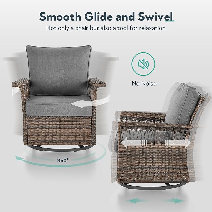 Outdoor Swivel Glider Chairs - 4 Pieces Hollow Widen Armrests Wicker Patio Furniture Set with Ottomans, High Back Outside Swivel Rocker for Balcony Porch Deck and Yard - Brown/Gray