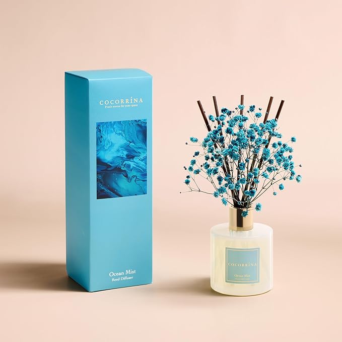 COCORRÍNA Reed Diffuser - Ocean Mist 6.7 Fl.oz Reed Diffuser Set with Sticks & Preserved Baby's Breath, Reed Diffuser for Home Bathroom Shelf Decor