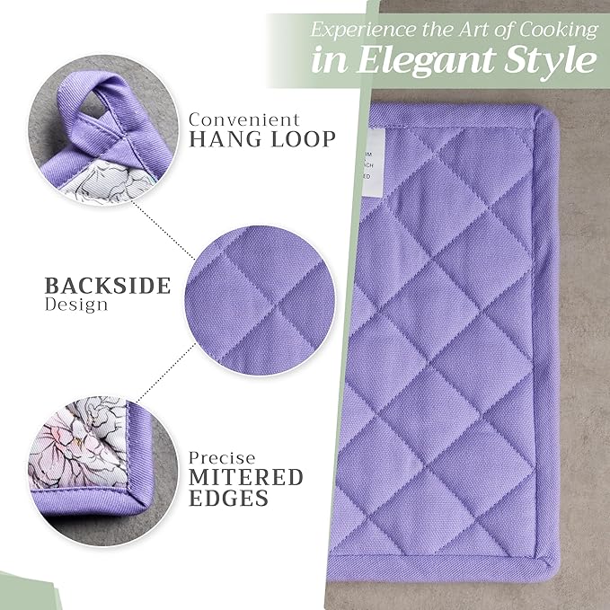 Maison d' Hermine 100% Cotton Oven Mitt & Pot Holder Set (7.5"x13" & 8"x8") Heat Resistant BBQ Cooking Gloves with Loop, Baking, Grilling, Kitchen, Handling Hot Pans Spring/Summer (Floral Love)
