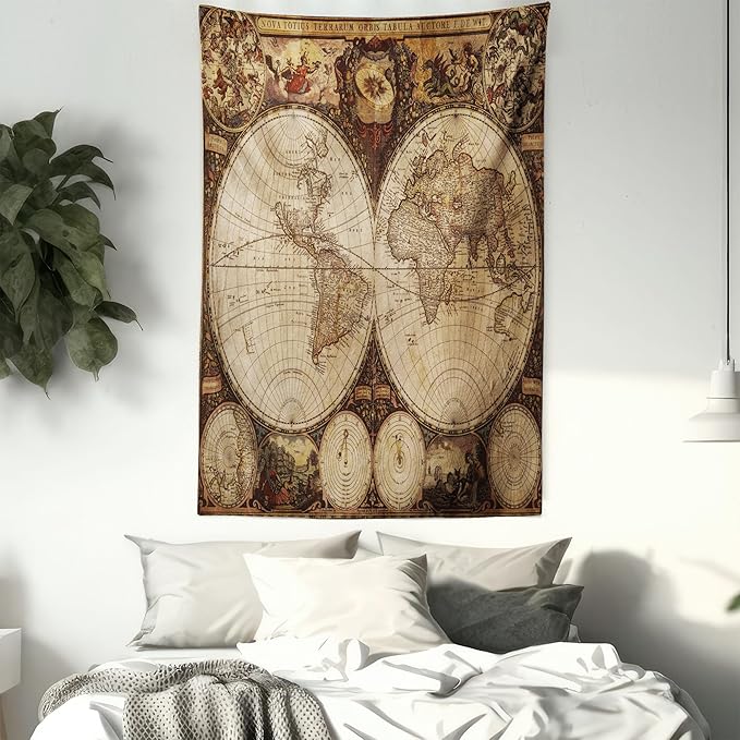 Ambesonne World Map Tapestry King Size, Old World Map Drawn in 1720s Nostalgic Style Art Historical Atlas Vintage Design, Wall Hanging Bedspread Bed Cover Wall Decor, 88" X 88", Multicolor