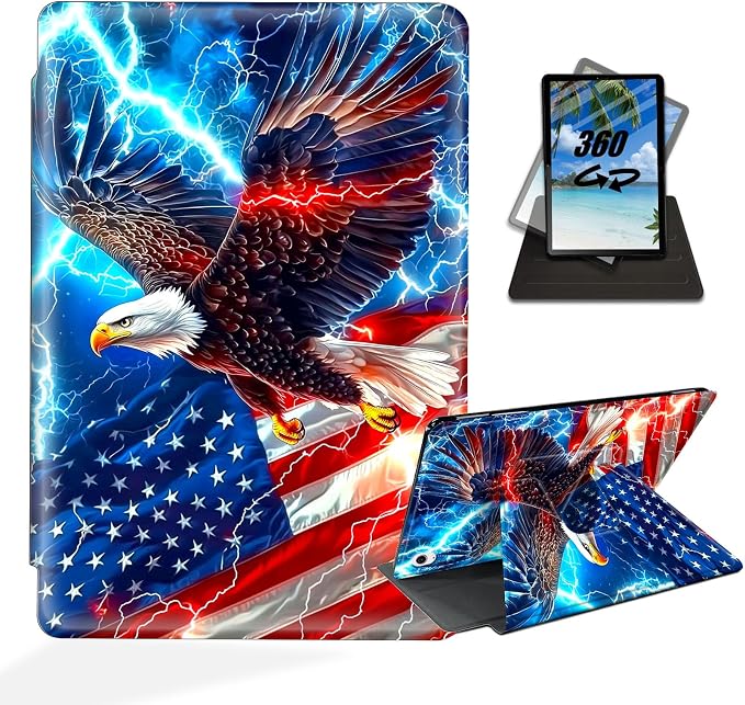 for iPad 10th Generation Case 360 Degree Rotating Stand Cover Multi Angle Viewing Auto Sleep/Wake American Flag Eagle Leather Case for iPad (A16) 11th Generation 11 Inch 2025