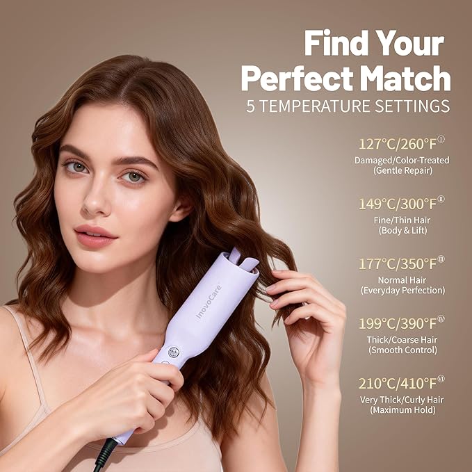 Inovocare Upgraded Automatic Rotating Curling Iron - CurlPro Plus Long Barrel Curling Wand for Long Hair, Ceramic Hair Curler for Women, Anti-Scald, Tangle-Free, 600M Ionic, Dual Voltage (Lavender)