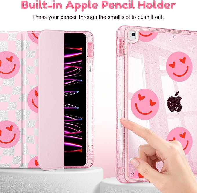 Case for iPad 9th/ 8th/ 7th Generation 10.2-Inch Case(2021/2020/2019 Release) Glitter Tablet Cases with Transparent Acrylic Back+Trifold Stand+Pencil Holder+Auto Wake/Sleep Bows-Stripe