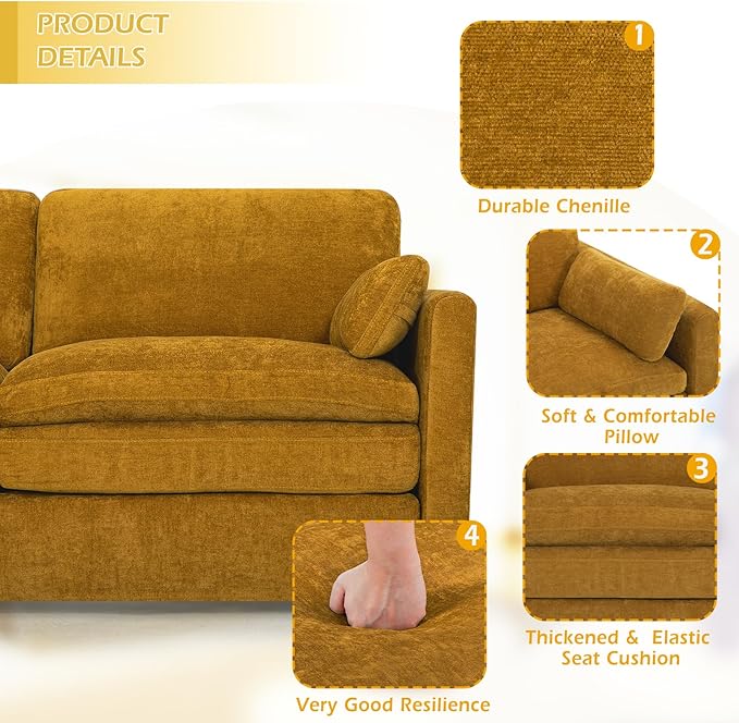 3 Pieces Chenille Sofa Set w/Arm Pillows, Upholstered Loveseat & 2 Pieces 3 Seater Sofa w/Comfortable Back Cushions, Modern 2-Seat & 3-Seat w/High-Density Foam for Living Room, Yellow