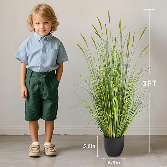 KOL 3ft Artificial Cattail Grass, 35in Artificial Indoor Outdoor Fake Onion Grass Reed Floor Plant, Home Office Wedding Decor Potted Plant, Housewarming Gift, Green