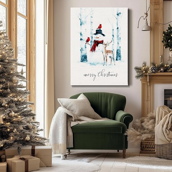 Christmas Snowman Canvas Wall Art - Rustic Winter Scene Framed Print for Farmhouse Living Room, Cozy Christmas Wall Decor, Ideal Christmas Gifts & Festive Decorations