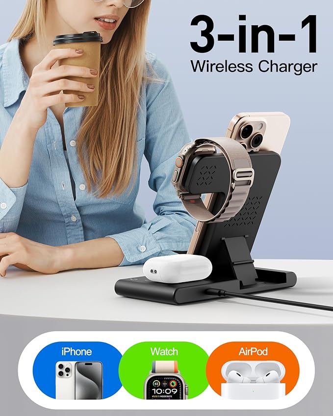 2026 Travel Portable Wireless Fast Charging Station for Apple &amp Android | 3 in 1 Charging for iPhone17 16 15 14 13 12Apple Watch Series &amp Air pods 4 3 2 ProSamsung Galaxy