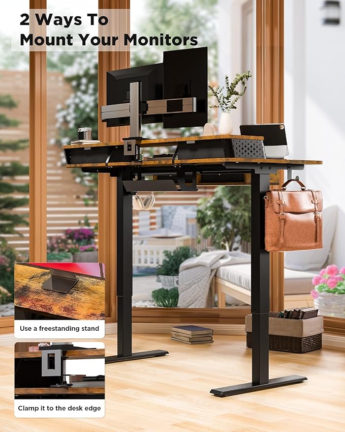 FiCiHi Adjustable Height Standing Desk with 4 Drawers,48 x 24 inches Electric Sit Stand Home Office Desk with Two Tiers, 3 Memory Presets, Monitor Stand Riser, C-Clamp Mount Compatible