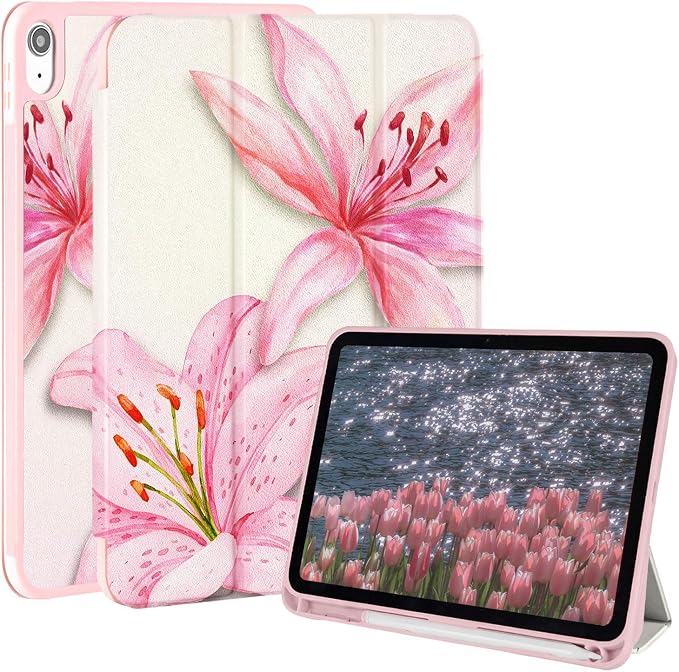 Case for iPad 9th/ 8th/ 7th Generation Case 10.2&amp10.5 Inch (2021/2020/2019 Release) Slim Lightweight Soft Trifold Back Cover with Pencil Holder &amp Auto Sleep/Wake Cover Cherries Cheetah Bows