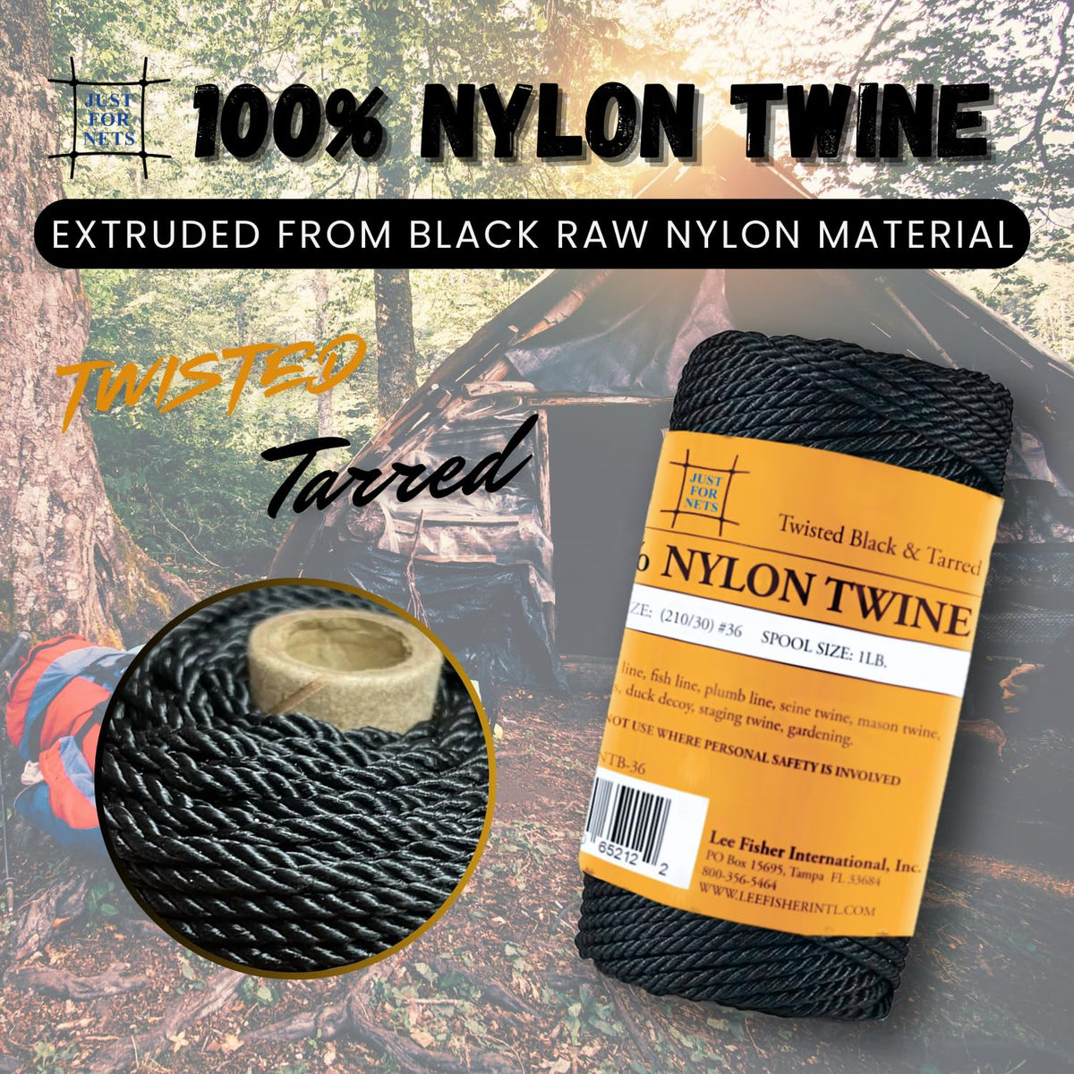 Just For Nets Twisted Tarred Nylon Bank Line Twine, Black, 1lb Spool - Heavy Duty String for Net Repair, Camping, Trot Line Fishing, Bushcraft Cordage (#42-1lb Spool)