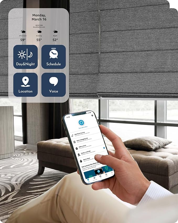 Graywind Smart Roman Shades 100% Blackout Compatible with Alexa Google Rechargeable Motorized Window Blinds Remote Control Room Darkening Plain Fold, Custom Size (Textured Black)
