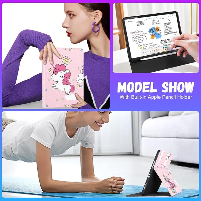 Uppuppy for iPad Pro 12.9 Case Kids Folio PU Leather Cover with Apple Pencil Holder Auto Sleep/Wake Adjustable Angles for iPad Pro 12.9 6th/5th/4th/3rd Gen Sun Moon Black