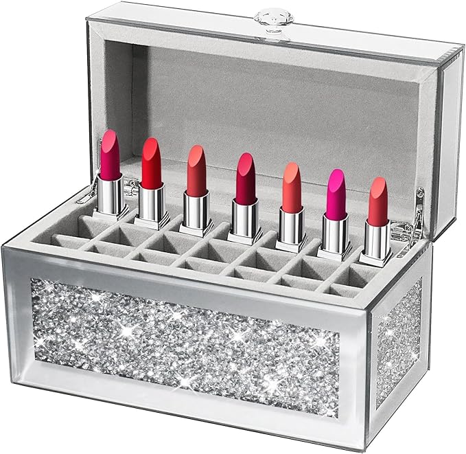 Glass Lipstick Organizer,21 Space Rollerball Perfume Organizer with Lid,Lip Gloss Organizer for Vanity, Crushed Diamond Home Decor