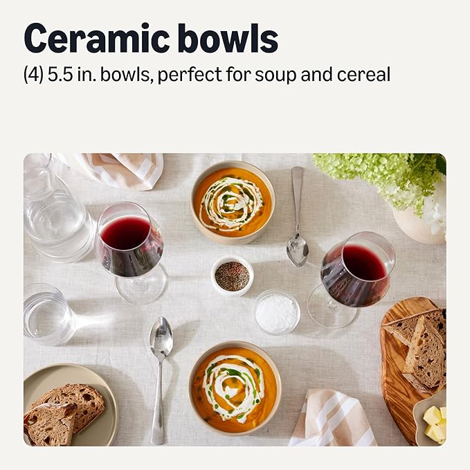 Amazon Basics Glazed Stoneware Bowls, Ceramic 4-Piece Set, Dishwasher-Safe, 5.5 in., Linen Gray